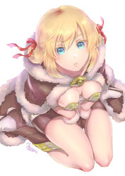 Rule 34 | 1girl, armor, artist name, blonde hair, blue eyes, boobplate, boots, breastplate, breasts, brooch, brown dress, brown footwear, brown gloves, cape, commentary request, double bun, dress, eyes visible through hair, from above, fur-trimmed cape, fur-trimmed gloves, fur trim, gloves, hair between eyes, hair bun, hair ribbon, high wizard (ragnarok online), jewelry, kathryne keyron, looking at viewer, medium breasts, misuguu, ragnarok online, red ribbon, ribbon, seiza, short dress, signature, simple background, sitting, solo, white background