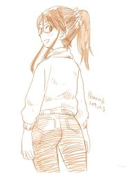 Rule 34 | 1girl, blush, commentary request, cowboy shot, denim, glasses, graphite (medium), hair ornament, hair scrunchie, jeans, koiwai koharuko, looking at viewer, looking back, monochrome, open mouth, pants, peacock (p-location), ponytail, scrunchie, signature, simple background, sketch, smile, solo, sweater, traditional media, turtleneck, turtleneck sweater, white background, white scrunchie, yotsubato!