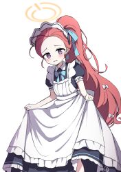 Rule 34 | 1girl, absurdres, apron, black dress, blue archive, blue bow, blue bowtie, blue ribbon, blush, bow, bowtie, commentary, dress, forehead, frilled apron, frilled dress, frills, hair bow, hair ribbon, halo, highres, long hair, looking at viewer, maid, maid headdress, official alternate costume, parted lips, ponytail, puffy short sleeves, puffy sleeves, purple eyes, red hair, ribbon, short sleeves, simple background, skirt hold, solo, very long hair, white apron, white background, white bow, yellow halo, yukki bunny, yuzu (blue archive), yuzu (maid) (blue archive)