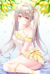 Rule 34 | 1girl, absurdres, ass, blurry, blush, breasts, brown eyes, brown hair, cleavage, collarbone, commentary, depth of field, dress, food, fruit, hair ornament, hairclip, highres, leaf, lemon, long hair, looking at viewer, lying, medium breasts, on side, original, partially submerged, solo, star (symbol), star hair ornament, symbol-only commentary, twintails, wet, white dress, yukimura usagi
