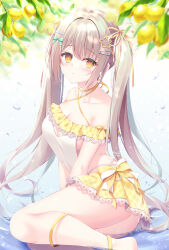 1girl absurdres ass blurry blush breasts brown_eyes brown_hair cleavage collarbone commentary depth_of_field dress food fruit hair_ornament hairclip highres leaf lemon long_hair looking_at_viewer lying medium_breasts on_side original partially_submerged solo star_(symbol) star_hair_ornament symbol-only_commentary twintails wet white_dress yukimura_usagi