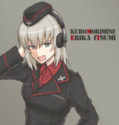 Rule 34 | 10s, 1girl, black hat, black jacket, blue eyes, character name, dress shirt, garrison cap, girls und panzer, grey background, hand on headphones, hat, headphones, itsumi erika, jacket, kuromorimine military uniform, long hair, long sleeves, looking at viewer, military, military hat, military uniform, mutsu (layergreen), open mouth, red shirt, serious, shirt, silver hair, simple background, solo, standing, uniform, upper body