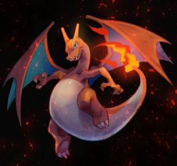 Rule 34 | blue eyes, charizard, claws, commentary, creatures (company), embers, fangs, fire, flame-tipped tail, full body, game freak, gen 1 pokemon, highres, kikuyoshi (tracco), nintendo, no humans, pokemon, pokemon (creature), solo