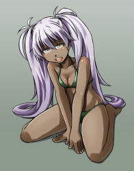 1girl alto-00 barefoot bikini dark-skinned_female dark_skin female_focus light_purple_hair long_hair original sitting solo swimsuit twintails wariza