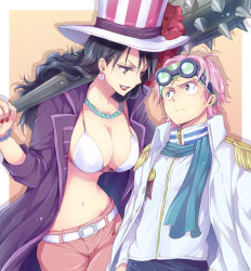Rule 34 | 0aoiurn0, 1boy, 1girl, alvida (one piece), bikini, bikini top only, black hair, blue scarf, border, bracelet, breasts, brown background, cleavage, club, club (weapon), commentary request, earrings, epaulettes, frown, goggles, goggles on head, grey eyes, hat, headband, height difference, holding, holding weapon, jacket, jewelry, kanabou, koby (one piece), large breasts, lipstick, long hair, looking at another, makeup, military, military uniform, nail polish, necklace, one piece, open clothes, open jacket, pink hair, plume, purple jacket, red lips, red nails, scar, scar on face, scar on forehead, scarf, shirt, spiked club, striped clothes, striped headwear, swimsuit, uniform, upper body, weapon, white bikini, white border, white shirt