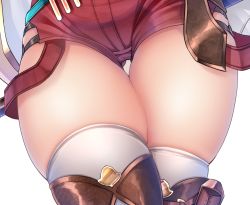 Rule 34 | 1girl, atelier (series), atelier ryza, atelier ryza 1, brown thighhighs, cameltoe, close-up, denpa (denpae29), head out of frame, legs, lower body, red shorts, reisalin stout, short shorts, shorts, simple background, solo, thigh gap, thighhighs, thighs, view between legs, white background, white thighhighs
