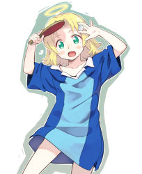 Rule 34 | 1girl, aqua eyes, ball, blonde hair, blue shirt, blush stickers, collarbone, collared shirt, cowboy shot, denchuubou, green eyes, gym shirt, halo, hands up, heart, medium hair, open mouth, original, oversized clothes, oversized shirt, paddle, palms, shirt, simple background, solo, table tennis ball, table tennis paddle, tareme