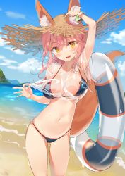 Rule 34 | 1girl, animal ear fluff, animal ears, arm up, armpits, bad id, bad pixiv id, beach, bikini, bikini under clothes, blue bikini, blue sky, blush, bracelet, breasts, cleavage, cloud, cloudy sky, collarbone, commentary request, day, ears through headwear, fang, fate/grand order, fate (series), fox ears, fox girl, fox tail, hat, highres, innertube, jewelry, large breasts, long hair, looking at viewer, navel, ocean, open mouth, outdoors, pink hair, sabet (young ouo), sand, see-through, shirt, sky, smile, solo, standing, straw hat, sun hat, swim ring, swimsuit, tail, tamamo (fate), tamamo no mae (fate/extra), tamamo no mae (swimsuit lancer) (fate), water, wet, wet clothes, wet shirt, yellow eyes