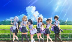 6+girls :d arihara_tsubasa arm_up arms_up bag bandaid bandaid_on_arm bandaid_on_knee bandaid_on_leg black_pantyhose black_socks black_thighhighs blonde_hair blue_eyes blue_necktie blue_sky book bottle bow brown_hair cinderella_series clothes_around_waist cloud contrail cumulonimbus_cloud drink field from_side game_cg grey_skirt hachigatsu_no_cinderella_nine hair_between_eyes hair_bow highres holding holding_book holding_bottle iwaki_yoshimi jacket jacket_around_waist kusakari_runa lens_flare light_rays long_hair looking_at_another looking_at_viewer mountainous_horizon multiple_girls necktie non-web_source nozaki_yuuki official_art open_mouth outstretched_arm pantyhose plaid_clothes plaid_skirt plastic_bottle pleated_skirt railing red_necktie sailor_collar school_uniform serafuku shirt short_hair short_sleeves shoulder_bag skirt sky smile socks summer sunbeam sunlight suzuki_waka thighhighs tsukumo_kana walking waving white_bag white_hair white_sailor_collar white_shirt white_socks yellow_bow yellow_necktie