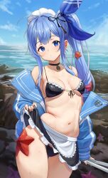 1girl ahoge ajidot anchor_(innocent_maid)_(nikke) anchor_(nikke) apron bare_shoulders bikini black_bikini black_choker black_skirt blue_eyes blue_hair blue_jacket breasts choker closed_mouth clothes_lift collarbone cowboy_shot expressionless frilled_bikini frills front-tie_bikini_top front-tie_top goddess_of_victory:_nikke hair_ribbon highres jacket lifting_own_clothes long_hair long_sleeves looking_at_viewer maid maid_apron maid_bikini maid_headdress medium_breasts miniskirt navel off_shoulder official_alternate_costume open_clothes open_jacket outdoors ribbon side_ponytail skirt skirt_lift solo starfish stomach string_bikini swimsuit thighs unconventional_maid waist_apron wet