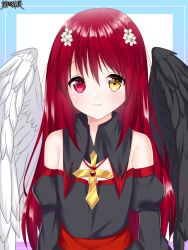 Rule 34 | 1girl, asymmetrical wings, bad id, bad pixiv id, bare shoulders, black dress, black sleeves, black wings, blue background, blush, closed mouth, commentary request, copyright request, dress, feathers, flower, hair between eyes, hair flower, hair ornament, hetero, heterochromia, juliet sleeves, long hair, long sleeves, looking at viewer, misaki (misaki86), mismatched wings, official art, puffy sleeves, red eyes, red hair, smile, solo, strapless, strapless dress, two-tone background, upper body, very long hair, white background, white flower, white wings, wings, yellow eyes