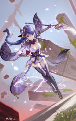 Rule 34 | 1girl, artist name, back bow, black bridal gauntlets, black hair, black thighhighs, blunt bangs, bow, braid, breasts, bridal gauntlets, clear sky, collar, commentary request, dated, detached collar, electricity, eyebrows, flower, full body, genshin impact, geta, god hunter, grass, hair flower, hair ornament, hand gesture, highres, holding, holding polearm, holding weapon, japanese clothes, jewelry, jumping, kimono, large breasts, looking ahead, low-braided long hair, low-tied long hair, md5 mismatch, obi, parted lips, petals, pillar, pink eyes, polearm, purple kimono, raiden shogun, red bow, resolution mismatch, ruins, sandals, sash, shoe flower, short kimono, sidelocks, signature, sky, solo, source larger, thighhighs, thighs, vision (genshin impact), weapon, wide sleeves, zettai ryouiki
