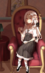 Rule 34 | 1girl, absurdres, alternate costume, alternate hairstyle, arm rest, armchair, black footwear, black ribbon, black skirt, blouse, braid, chair, closed mouth, collarbone, crossed legs, cup, curtains, cyta celest, expressionless, gem, glint, hair ribbon, hand on own thigh, hand up, high-waist skirt, highres, holding, holding cup, holding saucer, indoors, jewelry, lamp, light, long hair, long skirt, necklace, painting (object), pedestal, pendant, picture frame, puffy sleeves, red eyes, red gemstone, ribbon, ribbon-trimmed clothes, ribbon trim, saucer, shade, shadow, shirt, shoes, sitting, skirt, solo, striped clothes, striped skirt, underbust, vertical-striped clothes, vertical-striped skirt, vittorio veneto (warship girls r), wallpaper, wallpaper (object), warship girls r, white hair, white shirt