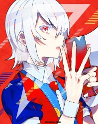 Rule 34 | collared shirt, commentary request, copyright request, eyelashes, fingernails, hair between eyes, hand up, highres, holding, looking at viewer, megaphone, mika pikazo, necktie, original, parted lips, red eyes, shirt, short hair, signature, silver hair, solo, upper body, vest, virtual youtuber, white necktie, white shirt, wing collar, wristband