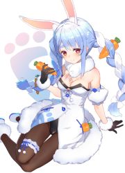 Rule 34 | 1girl, animal ear fluff, animal ears, blue hair, blush, breasts, carrot, cleavage, don-chan (usada pekora), food, holding, holding food, hololive, izumi sai, looking at viewer, rabbit ears, rabbit girl, red eyes, simple background, sitting, small breasts, smile, solo, usada pekora, usada pekora (1st costume), virtual youtuber, white background