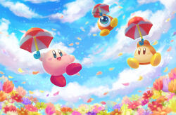 Rule 34 | :d, arm up, arms up, blue eyes, blue flower, blue sky, blush, blush stickers, brown eyes, cloud, commentary, copy ability, day, field, floating, flower, flower field, full body, green flower, holding, holding umbrella, kirby, kirby (series), kumaoka pon, looking at viewer, nintendo, no humans, one-eyed, open mouth, orange flower, outdoors, parasol, parasol kirby, petals, pink flower, purple flower, red flower, sky, smile, umbrella, waddle dee, waddle doo, yellow flower