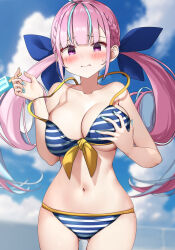 Rule 34 | 1girl, ai-assisted, bikini, blue hair, blue nails, blue sky, blush, breasts, colored inner hair, commentary request, food, grabbing own breast, hair ornament, highres, holding, holding food, holding ice cream, hololive, ice cream, large breasts, long hair, looking at viewer, minato aqua, minato aqua (hololive summer 2019), multicolored hair, otokucha, outdoors, pink eyes, pink hair, sky, solo, streaked hair, striped bikini, striped clothes, swimsuit, twintails, two-tone hair, virtual youtuber