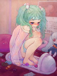Rule 34 | 1girl, ade san, aimaina, barefoot, blush, calendar (object), candy, doll, feet, food, green hair, hantoumei namako, hatsune miku, highres, long hair, long sleeves, medicine, off shoulder, panties, panties around leg, pill, pillow, purple eyes, ringed eyes, sitting, slow motion (vocaloid), solo, squat toilet, sweater, thermometer, toilet, twintails, underwear, vocaloid