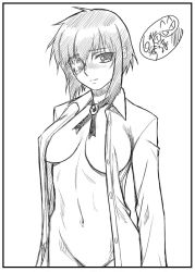 Rule 34 | 00s, 1girl, artist name, blush, border, bottomless, breasts, breasts apart, brooch, buttons, covered erect nipples, cross, dress shirt, eyepatch, greek cross, greyscale, groin, jewelry, kimi ga aruji de shitsuji ga ore de, large breasts, light smile, looking at viewer, monochrome, natose, navel, necktie, no bra, official art, open clothes, open shirt, out-of-frame censoring, shironeko sanbou, shirt, short hair, sidelocks, signature, simple background, sketch, smile, solo, upper body