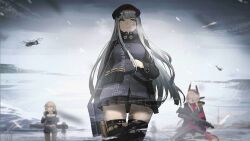 Rule 34 | 4girls, aircraft, artist request, beret, bgm-71 (girls&#039; frontline), black jacket, black skirt, black thighhighs, blonde hair, blunt bangs, breasts, breath, closed mouth, cross, cross hair ornament, game cg, girls&#039; frontline, green eyes, grey hair, gun, hair ornament, hat, headgear, helicopter, hk416 (girls&#039; frontline), holding, holding gun, holding weapon, holstered, iron cross, jacket, knife sheath, long hair, long sleeves, looking ahead, m4 sopmod ii, m4 sopmod ii (girls&#039; frontline), magazine (weapon), medium breasts, multicolored hair, multiple girls, no gloves, official art, outdoors, pouch, purple jacket, red hair, sheath, skindentation, skirt, snowing, solo focus, spoilers, straight-on, streaked hair, teardrop facial mark, thigh pouch, thighhighs, very long hair, weapon, weapon case, zettai ryouiki