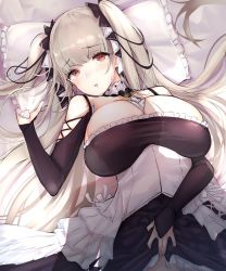 Rule 34 | 1girl, azur lane, bare shoulders, between breasts, black dress, blush, breasts, cleavage, clothes lift, dress, dress lift, earrings, formidable (azur lane), frilled dress, frills, grey hair, hair ribbon, highres, jewelry, large breasts, lifted by self, long hair, long sleeves, looking at viewer, lying, mappaninatta, on back, parted lips, pillow, pillow grab, pov, red eyes, ribbon, solo, solo focus, sweatdrop, twintails, two-tone dress