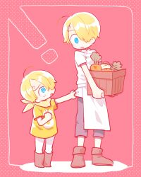 Rule 34 | !, 2boys, :o, aged down, ahoge, apron, bandana, blonde hair, blue eyes, boots, box, brown footwear, carrot, chef, clothes pull, commentary, crying, curly eyebrows, food, frown, full body, hair over one eye, holding, holding box, long bangs, looking down, looking up, male focus, mob0322, multiple boys, one piece, pants, red background, sanji (one piece), shirt, short hair, simple background, t-shirt, tears, time paradox, vegetable, waist apron, white pants, yellow bandana, yellow shirt