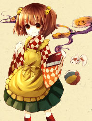 Rule 34 | 1girl, apron, ball, bell, book, brown eyes, brown hair, fish, goldfish, hair bell, hair bobbles, hair ornament, jingle bell, koi, long sleeves, motoori kosuzu, orin (mhux), shirt, skirt, smile, solo, touhou, twintails, two side up, wide sleeves