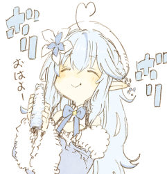 Rule 34 | 1girl, abara heiki, ahoge, blue coat, blue hair, blue ribbon, blush, chibi, closed eyes, closed mouth, coat, commentary, eating, flower, fur-trimmed coat, fur trim, hair between eyes, hair flower, hair ornament, half updo, hat, heart, heart ahoge, holding, hololive, light blue hair, long hair, neck ribbon, off shoulder, pointy ears, ribbon, simple background, smile, solo, traditional media, upper body, virtual youtuber, white background, white hat, yukihana lamy
