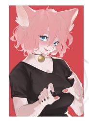 Rule 34 | 1girl, animal ears, black choker, black nails, black shirt, blue eyes, body fur, border, breasts, choker, collarbone, furry, furry female, head tilt, highres, korean commentary, medium breasts, nail polish, original, pawpads, pink fur, pink hair, red background, shirt, short hair, sketch, smile, snout, solo, upper body, white border, woobin94