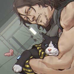 Rule 34 | 1boy, animal, black cat, black hair, black scarf, black tank top, blue eyes, cat, closed mouth, death stranding, facial hair, hamms hamss, highres, holding, holding animal, looking at viewer, male focus, muscular, muscular male, sam porter bridges, scarf, short hair, tank top, two-tone scarf, worm, yellow scarf