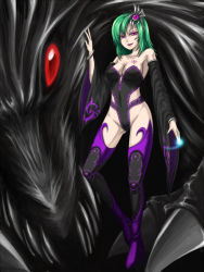 Rule 34 | 1990s (style), 1girl, black dragon, boots, breasts, cleavage, dark persona, detached sleeves, dragon, evil, final fantasy, final fantasy iv, green hair, kuroitsuki, magic, aged up, purple eyes, red eyes, rydia (ff4), short hair, solo, thigh boots, thighhighs, transformation