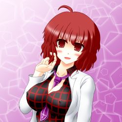Rule 34 | 1girl, ahoge, between breasts, blush, breasts, cleavage, covered erect nipples, horikawa raiko, lab coat, looking at viewer, necktie, necktie between breasts, no bra, open collar, open mouth, plaid, plaid shirt, purple necktie, red eyes, red hair, ruffling hair, shirt, smile, solo, touhou, upper body, yani tama
