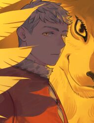 Rule 34 | 1boy, blonde hair, dungeon meshi, expressionless, feathers, from side, fur trim, laios touden, lion, looking at viewer, male focus, portrait, red shirt, saiko67, shirt, short hair, solo focus, spoilers, upper body, winged lion (dungeon meshi), yellow eyes