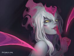 Rule 34 | 1girl, close-up, colored skin, dark background, demon, demon girl, evelynn (league of legends), facial mark, finger to mouth, floating hair, grey skin, hair between eyes, highres, league of legends, looking at viewer, multicolored hair, parted lips, phtharticpaul, pink hair, pink lips, sidelocks, single bare arm, slit pupils, solo, two-tone hair, white hair, yellow eyes