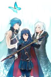 1girl 2boys belt blue_dress blue_eyes blue_gloves blue_hair brand_of_the_exalt brown_belt bug butterfly chrom_(fire_emblem) closed_mouth commentary_request dress facing_viewer falchion_(fire_emblem) fingerless_gloves fire_emblem fire_emblem_awakening gimkamres04 gloves hair_between_eyes highres holding holding_sword holding_weapon insect long_hair looking_at_another lucina_(fire_emblem) multiple_boys nintendo robin_(female)_(fire_emblem) robin_(fire_emblem) smile standing sword tiara twintails weapon white_hair