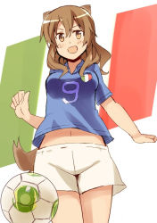 Rule 34 | 1girl, 2014 fifa world cup, :d, animal ears, ball, blush, brown eyes, brown hair, fernandia malvezzi, flag, fox ears, from above, glastonbury1966, italian flag, italy, long hair, looking at viewer, navel, open mouth, shirt, short sleeves, shorts, smile, soccer, soccer ball, soccer uniform, solo, sportswear, strike witches, world cup, world witches series