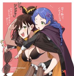 2girls bikini bikini_top_only black_bikini black_ribbon blue_hair braid breasts brown_hair carrying cleavage commentary_request dress fingernails grabbing_another&#039;s_hair green_eyes hair_ornament hair_ribbon happy_birthday highres kumuo_(mirakurufusao) large_breasts long_hair looking_at_another meili_portroute multi-tied_hair multiple_girls navel notice_lines piggyback ponytail re:zero_kara_hajimeru_isekai_seikatsu ribbon salute shaula_(re:zero) sideboob single_braid smile stomach swimsuit tearing_up translation_request