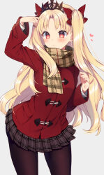 Rule 34 | 1girl, black pantyhose, black skirt, black tiara, blonde hair, bow, brown scarf, closed mouth, coat, commission, cowboy shot, ereshkigal (fate), fate/grand order, fate (series), grey background, hair bow, hand in own hair, heart, highres, lapels, layered sleeves, light blush, long hair, long sleeves, looking at viewer, microskirt, notched lapels, pantyhose, plaid, plaid scarf, plaid skirt, pleated skirt, pocket, red bow, red coat, red eyes, red sleeves, scarf, simple background, skeb commission, skirt, smile, solo, tiara, two side up, usamata, very long hair