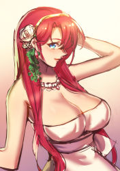 Rule 34 | 1girl, alternate costume, arm at side, arm behind head, arm up, bare shoulders, blue eyes, blush, boudica (fate), boudica (formal dress) (fate), breasts, cleavage, closed mouth, diamond (shape), dress, earrings, emoshon, eyebrows, eyelashes, facing away, fate/grand order, fate (series), flower, gem, gradient background, hair between eyes, hair flower, hair intakes, hair ornament, hairband, highres, jewelry, large breasts, leaf, lips, long hair, looking away, multicolored background, necklace, nose blush, pink lips, red hair, rose, sagging breasts, sash, smile, solo, straight hair, strapless, strapless dress, upper body, very long hair, white dress, white flower, white rose, yellow hairband