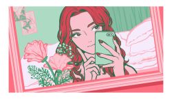 Rule 34 | 1girl, flower, index finger raised, long hair, minillustration, nail polish, original, phone, pillow, pink flower, poster (object), red eyes, red hair, red nails, smile, solo