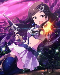 Rule 34 | 10s, 1girl, artist request, belt, brown eyes, brown hair, dual wielding, earrings, fingerless gloves, gloves, gun, hair ornament, hairclip, handgun, holding, idolmaster, idolmaster million live!, jewelry, kitazawa shiho, long hair, looking at viewer, midriff, musical note, navel, official art, open mouth, revolver, signature, skirt, solo focus, weapon
