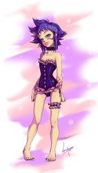 Rule 34 | 1girl, absurdres, bare legs, bare shoulders, barefoot, black nails, blue eyes, blue hair, blush, bottomless, bow, bow panties, breasts, choker, closed mouth, collar, collarbone, d.gray-man, eyelashes, feet, frills, full body, half-closed eyes, highres, keenesleyar, lingerie, looking at viewer, nail polish, panties, panty pull, pulled by self, road kamelot, short hair, side-tie panties, sidelocks, simple background, skull, small breasts, spiked hair, thigh strap, thighs, toenail polish, toenails, tongue, tongue out, underwear