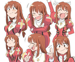 Rule 34 | 1girl, ^ ^, blush, brown eyes, brown hair, character request, closed eyes, closed mouth, copyright request, expressions, jewelry, laughing, long hair, long sleeves, looking at viewer, looking away, multiple views, necklace, open mouth, sakura taisen, sakura taisen iii, smile, thumbs up, tsubobot, upper body