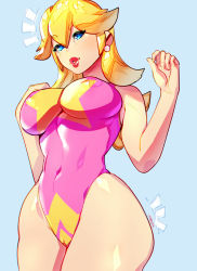 Rule 34 | 1girl, blonde hair, blue eyes, breasts, covered erect nipples, covered navel, curvy, highres, large breasts, legs, lipstick, long hair, looking at viewer, makeup, mario (series), nintendo, one-piece swimsuit, parted lips, princess, princess peach, smile, swimsuit, thick thighs, thighs, toned, topsu, xdtopsu01