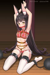 Rule 34 | 1girl, animal ears, ankle cuffs, armpits, arms up, artist name, azur lane, ball and chain restraint, bare arms, bare shoulders, bdsm, black hair, blush, bondage, bound, bound ankles, bound wrists, bow, bowtie, bra, breast bondage, cameltoe, chain, chained, cloth gag, collarbone, crotch rope, cuffs, embarrassed, female focus, fox ears, full body, gag, gagged, haimei1980, hand up, highres, hime cut, improvised gag, indoors, kneeling, legs folded, long hair, looking at viewer, nagato (azur lane), navel, on floor, panties, pole, red bra, red panties, red ribbon, ribbon, ribbon trim, see-through, see-through shirt, shackles, soles, solo, thighhighs, underwear, very long hair, white thighhighs, wooden floor, yellow eyes