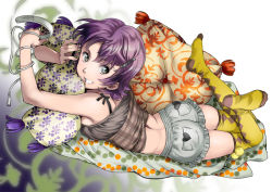 Rule 34 | 1girl, argyle, argyle clothes, argyle legwear, cellphone, cuvie, grey eyes, grin, hair ornament, hairclip, heart, holding, looking at viewer, lying, nightmare maker, on stomach, phone, purple hair, short hair, shorts, smile, solo, thighhighs, yellow thighhighs