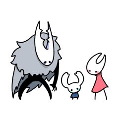 Rule 34 | . ., 1girl, 2others, arm at side, arthropod girl, black eyes, black skin, blank eyes, blue cloak, blush, blush stickers, chibi, cloak, colored skin, full body, grey cloak, hollow knight, hollow knight (character), hornet (hollow knight), knight (hollow knight), looking at another, looking at viewer, multiple others, red cloak, sakana 2-gou, simple background, solid circle eyes, standing, white background
