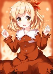 Rule 34 | 1girl, aki shizuha, autumn leaves, blonde hair, blush, breasts, buttons, dress, hair between eyes, hair ornament, hands up, highres, leaf, leaf hair ornament, long sleeves, looking to the side, medium breasts, one-hour drawing challenge, open mouth, orange background, orange dress, orange sleeves, ruu (tksymkw), short hair, smile, solo, touhou, yellow eyes