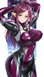 Rule 34 | 1girl, arms up, blue eyes, blush, bodysuit, breasts, covered erect nipples, covered navel, highres, impossible bodysuit, impossible clothes, looking at viewer, macross, macross delta, medium breasts, mirage farina jenius, pilot suit, pointy ears, purple bodysuit, purple hair, shiny clothes, short hair, side ponytail, skin tight, solo, standing, yoohi