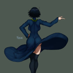 Rule 34 | 1girl, ass, black hair, black thighhighs, breasts, character name, commentary, dress, english commentary, facing away, feet out of frame, floating clothes, from behind, fubuki (one-punch man), green background, hand on own hip, hand up, highres, huge ass, index finger raised, jewelry, large breasts, long sleeves, narrow waist, necklace, one-punch man, simple background, skin tight, solo, telekinesis, the golden smurf, thighhighs